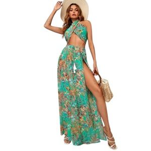 SHEIN Tropical Print Crisscross Crop Halter Top & M-slit Thigh Skirt Set